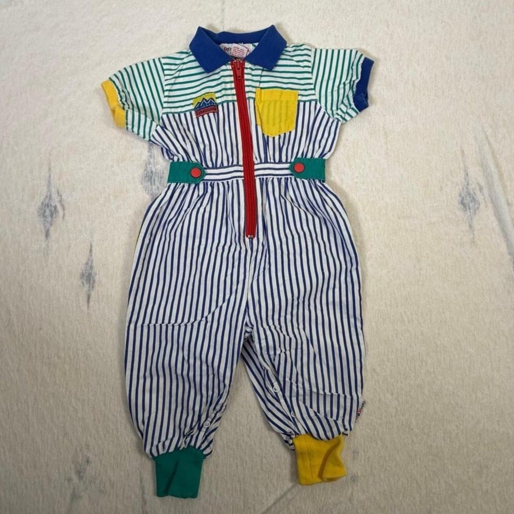 VINTAGE 90s Gymboree Blue Striped Romper with Colorful Details